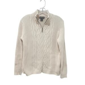 Lands End Sweater Womens Small 6-8 Ivory Cable Knit Full Zip Mock Neck Pullover